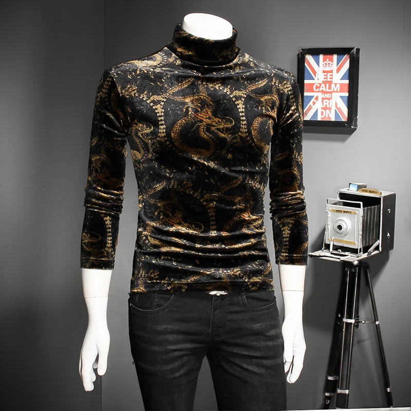 Черепаха шеи Slim Fit Мужская футболка Клубные наряды королевская Мужская Нижняя Майка 5xl бархатная футболка мужская с золотым принтом дракона высокое качество
