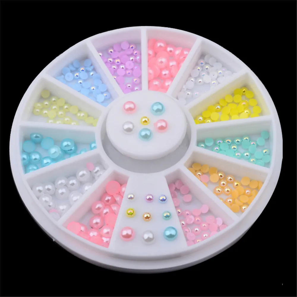 

3D Flat Back Semi Pearl Rhinestones for Nail Art Decoration Nail Accessoires Colorful Wheel Mixed Size Nail Design Manicure Tool