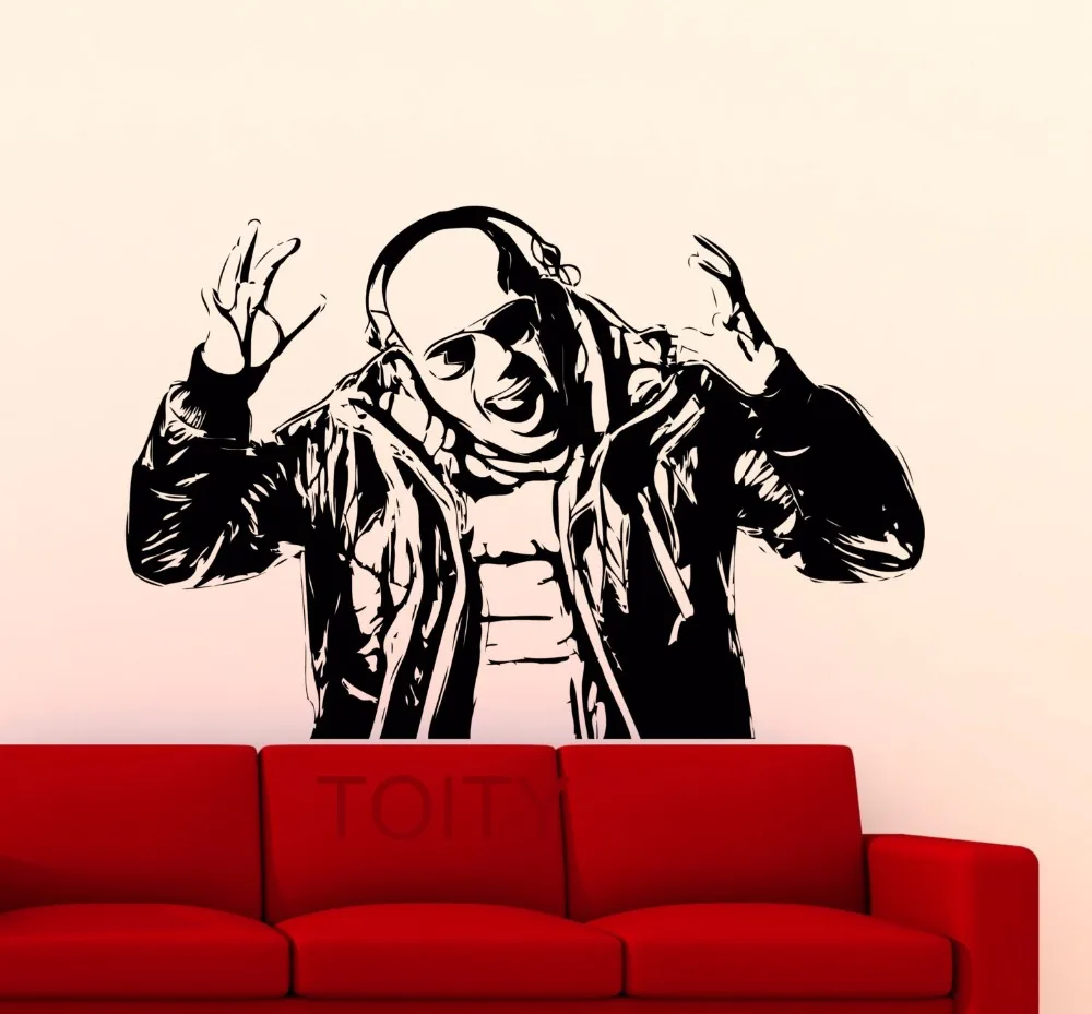 

Наклейка на стену для любителей музыки, наушники, человек, наслаждаясь студией, Виниловая наклейка для бара, паба, клуба, домашнего интерьер...