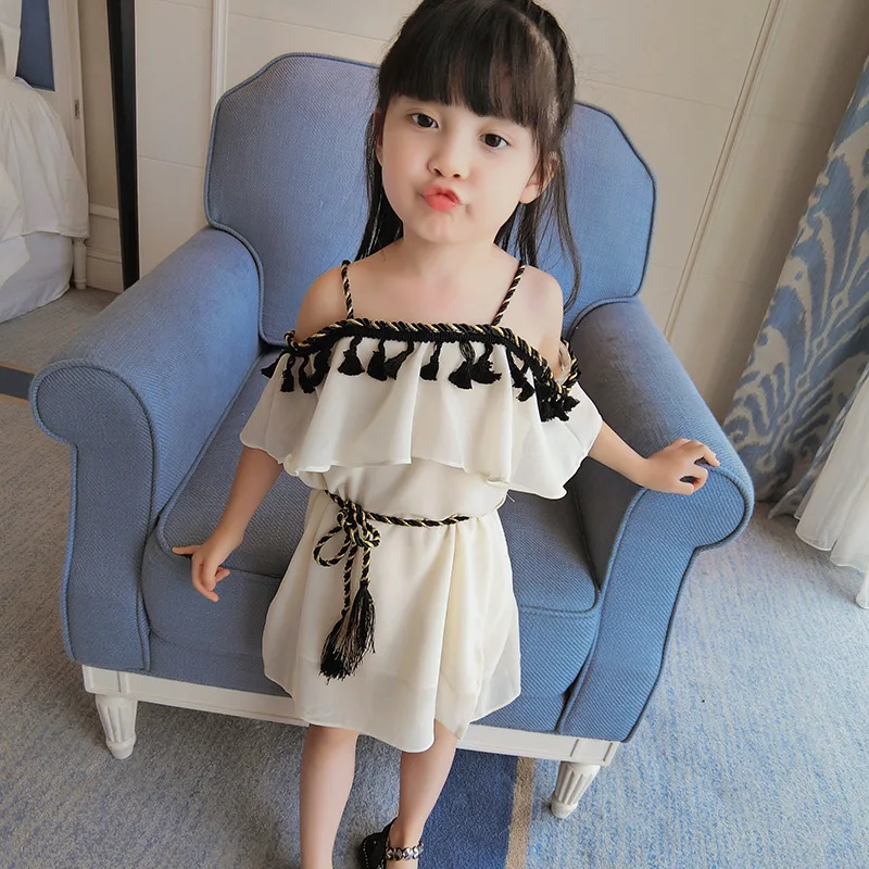 Summer New Children's Dresses Girls Cute Suspenders Waist Dress Fringed Shoulder Baby Princess #1 | Детская одежда и обувь