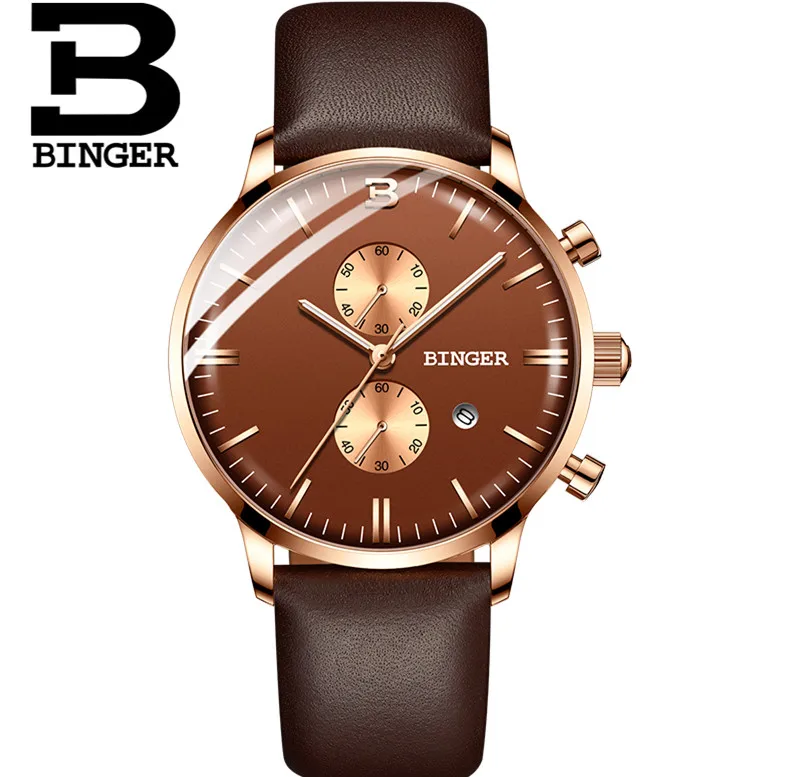 Leather Brown Face Персонализированные 2.5D изогнутое стекло мужские коричневые часы 3 бар натуральная кожа наручные часы кварцевые часы с календарем и хронографом аналоговые часы Montre - Цвет: Leather Brown Face