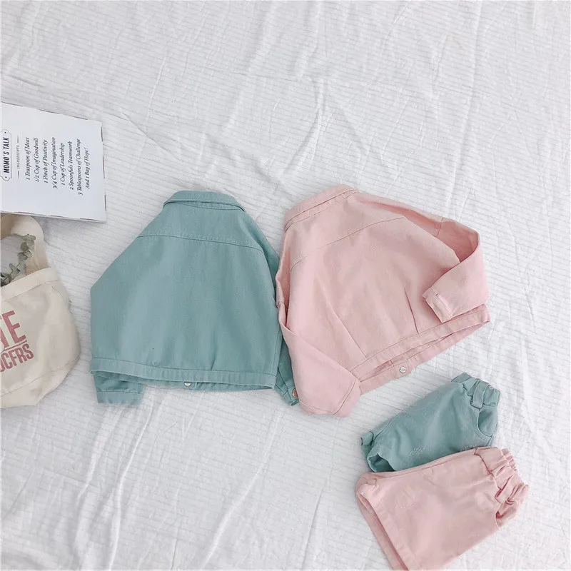 Girls Clothing Sets Denim Jacket + Shorts Suit for Baby Girl Clothes Kids Casual Loose Ripped Brazer 1-5 Year | Детская одежда и