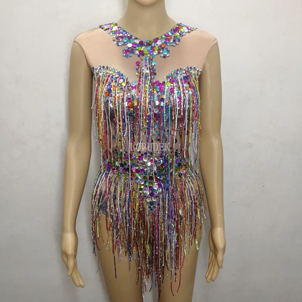 Two Styles Colorful Rhinestones Tassels Bodysuit Sleeveless Crystals Fringed Bodysuit Nightclub Sexy Women Stage Dance Costume