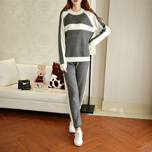 2020 Sale Spring New Fashion Mink Velvet Knitted Suit Round Neck Blush Sweater + Trousers Two Casual Female Pullover Wool Full