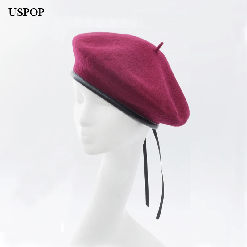 USPOP, модная зимняя женская шапка, шерсть, берет, толстый теплый шерстяной берет, Повседневный, на завязках, с кожаными краями, лоскутные береты
