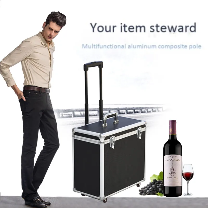 Multifunctional aluminum frame trolley case red wine glass Toolbox storage box universal travel suitcase bag 4 wheel luggage abs