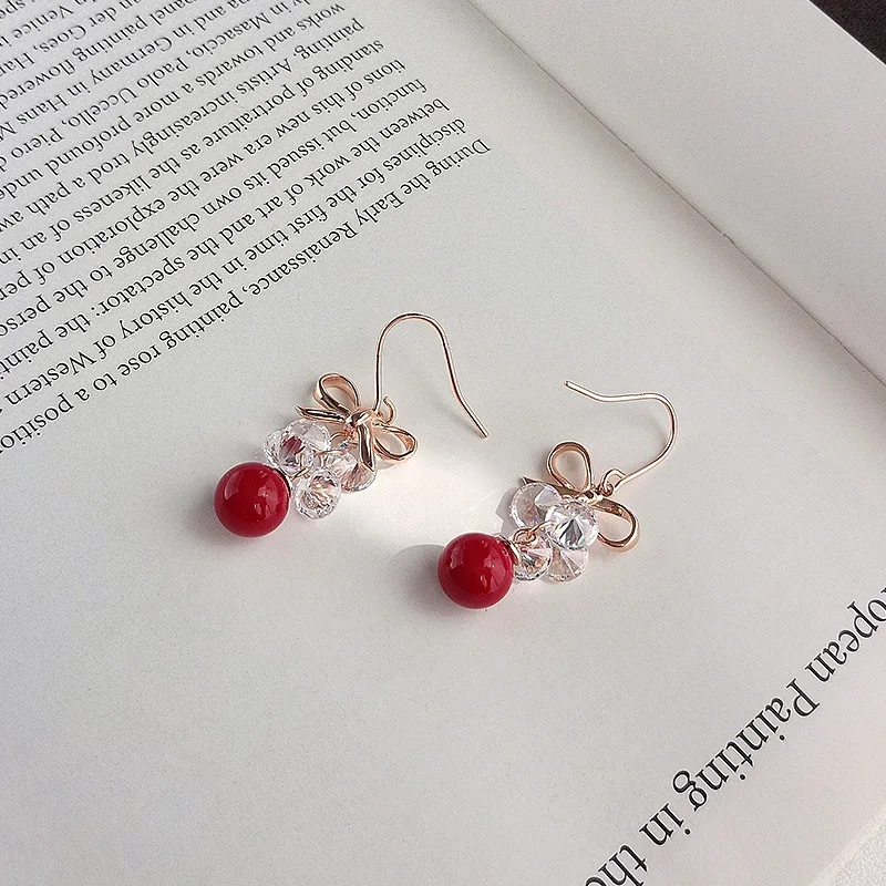 Silvology 925 Sterling Silver Bow Zircon Red Bead Female Earrings Rose Gold Creative Texture Drop Friendship Jewelry | Украшения и