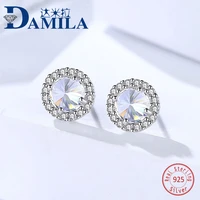 fashion crystal simple round 925 sterling silver earings for women silver s925 jewelry stud earring cz cute earing female