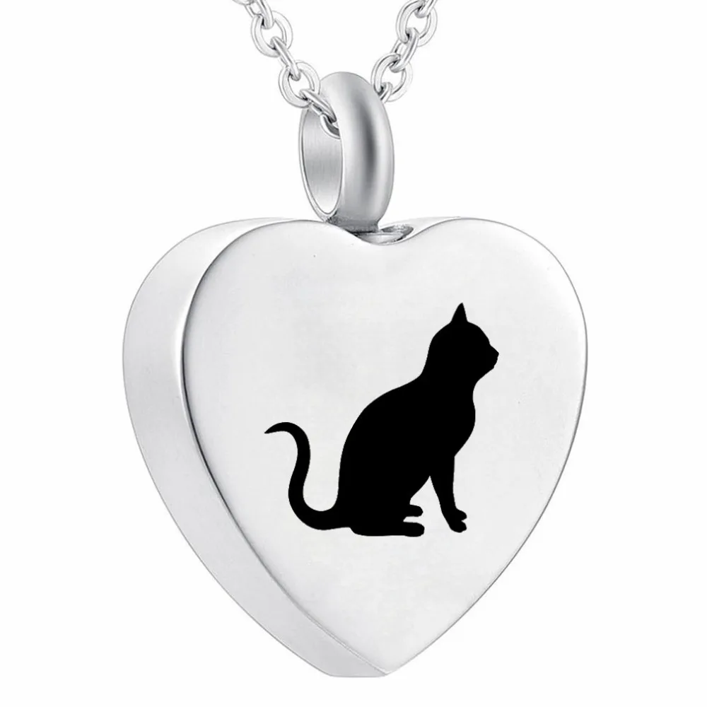 

Pet Cremation Jewelry Stainless Steel Pendant Necklace Urn for Ashes Black Cat on Heart Kitty Kitten Keepsake Jewellery