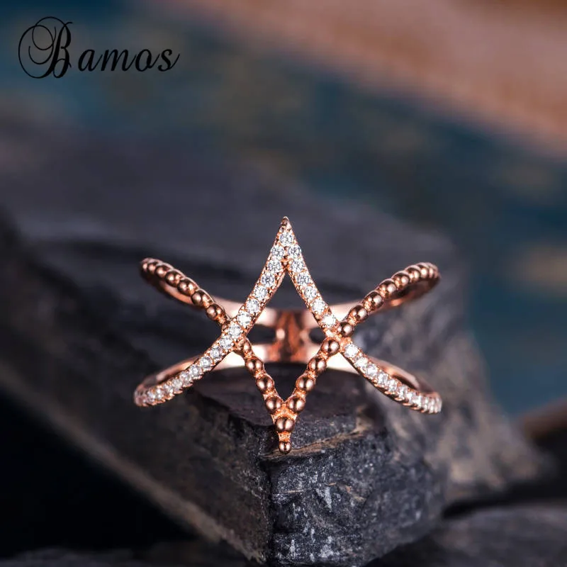 Bamos Rose Gold Color Double V Ring Tiny Zircon Cross Midi Rings For Women Simple Geometric Jewelry 2018 New Arrival | Украшения и