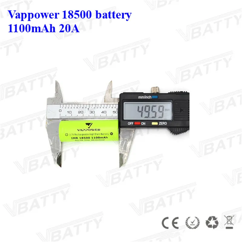 3,7 V 1100Mah IMR18500 литиевая аккумуляторная батарея Vappower 18500 1100mah 20A литий-ионная батарея для светодиодный фонариков