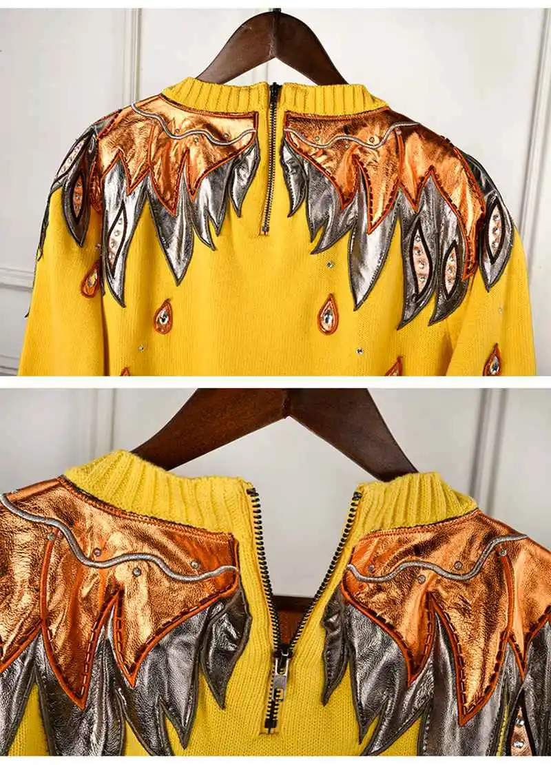 Fashion Brand Runway Designer Sweater Women Pullovers Diamonds Beading Embroidery Vintage Yellow Knitted Jumper 2019 pull femme | Женская