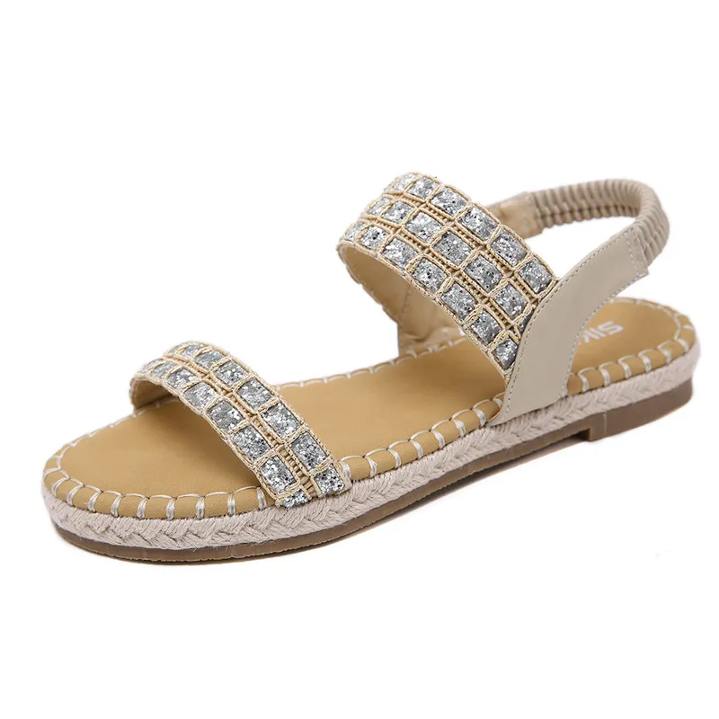 

Plus size open toe sandals fashion sequin sandals bohemian large size shoes woman comfortable elastic band back with flat shoes