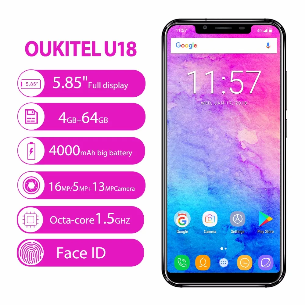 Oukitel U18 5 85 дюймов MTK6750T Восьмиядерный 4 Гб 64 Android7.0 Smartphone3 камера 4000 мАч