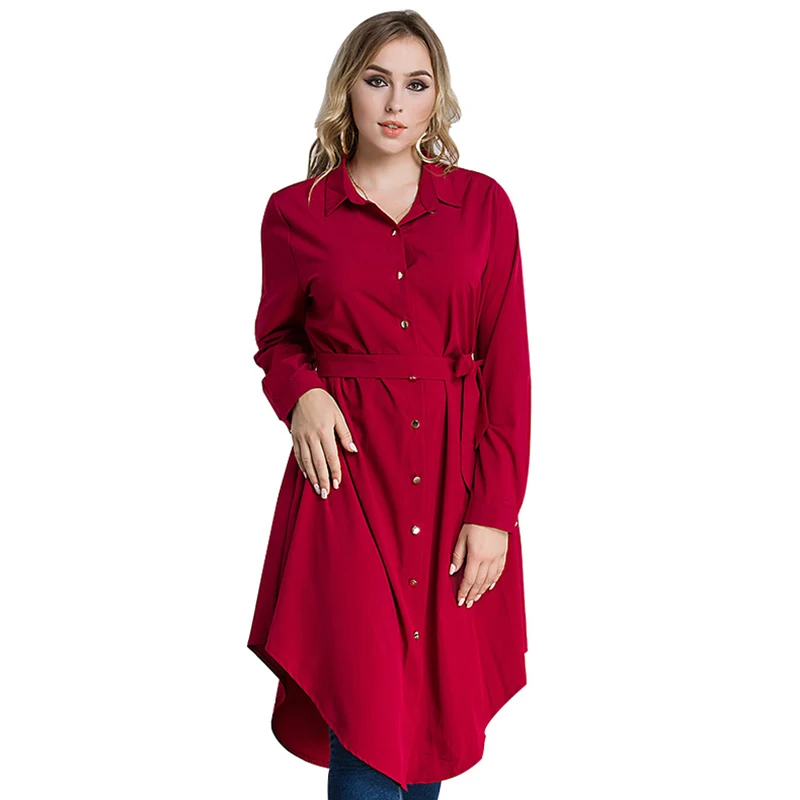 Однотонная длинная блуза размера плюс 4XL 5XL 6XL, Женская Осенняя Асимметричная Свободная блузка с длинным рукавом и поясом, блузы красного, черного и зеленого цвета - Цвет: Красный
