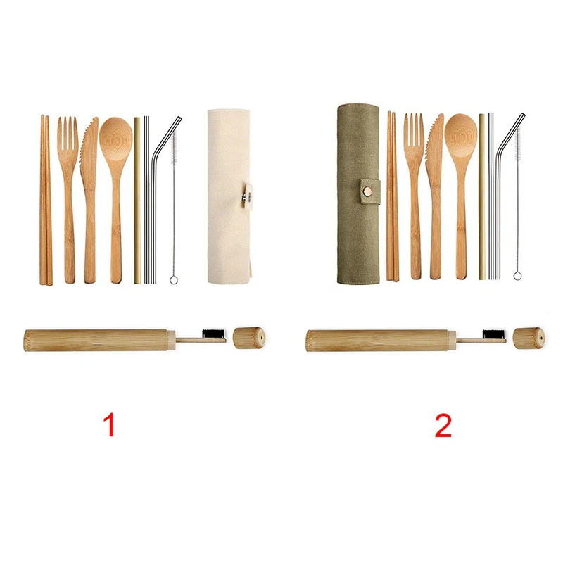 10 шт. многоразовая посуда Бамбуковая вилка с тканевым мешком ножи ложка палочки