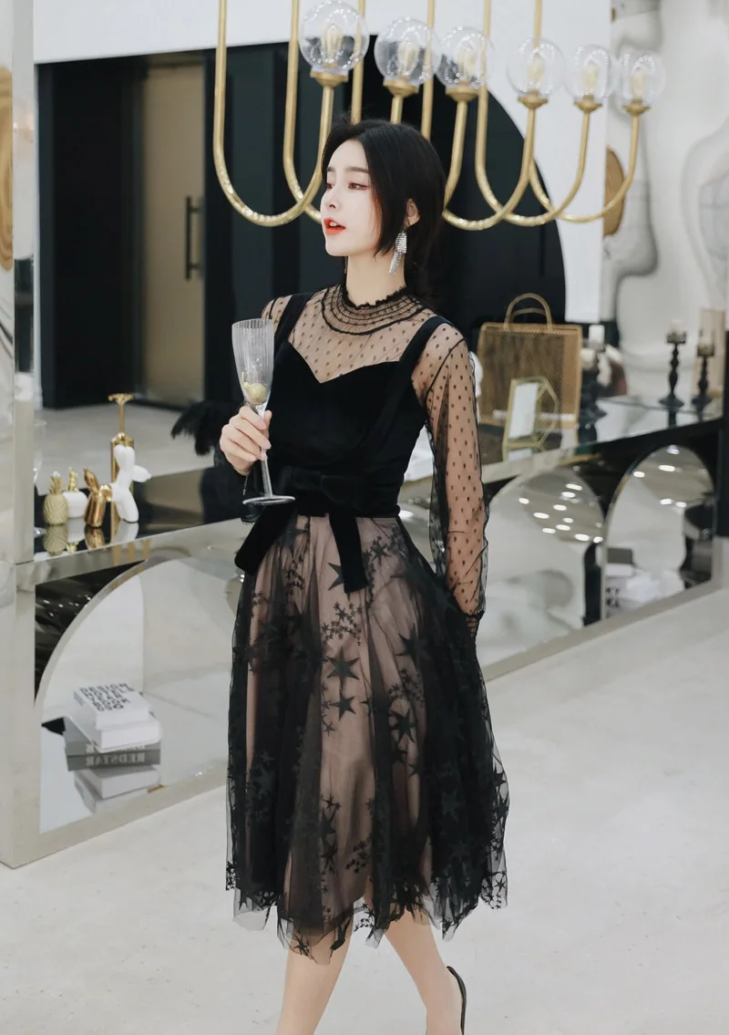 Черное повседневное Тюлевое вечернее платье Vestidos De Fiesta De Noche с длинными рукавами Элегантное Длинное Вечернее платье Robe De Soiree ES1957