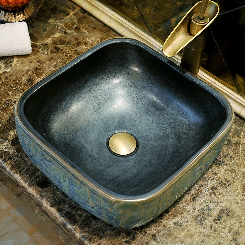 Квадратная классическая керамическая раковина под старину бронзовая для ванной