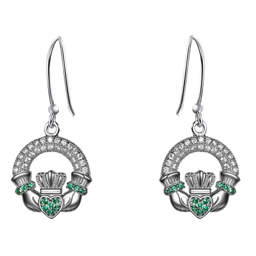 Rhodium 925 пробы серебряные Висячие зеленый CZ кубический цирконий ирландское в форме сердца в форме короны Claddagh свадебные серьги для свадьбы подарки женщине на день рождения - Окраска металла: Rhodium