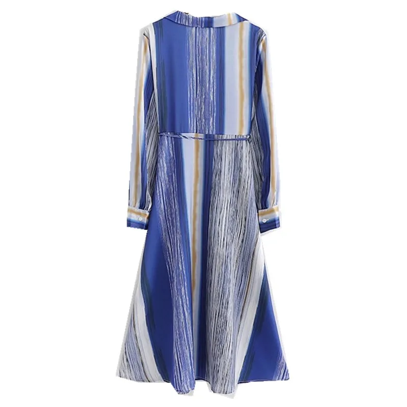 Женское платье рубашка в полоску однобортное стиле ретро с отложным воротником и