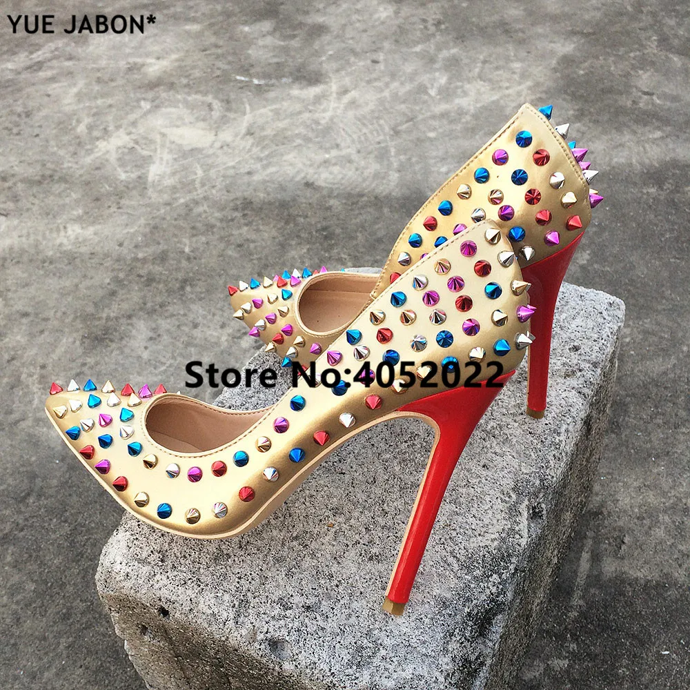 

YUE JABON Colorful Rivets Women Sexy Pointed Toe Pumps Extreme High Ultra Thin Heels Shoes Ladies Leather Sexy Luxury Party Shoe