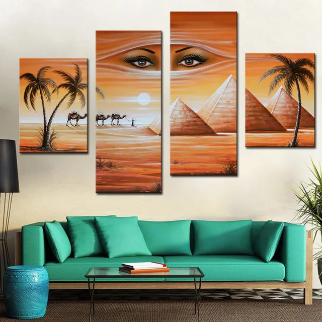 

Modern Fantasy Oil Painting Egyptian Pyramids Landscape Hand Painted Calligraphy on Canvas 4 Pieces Wall Art Pictures Unframed