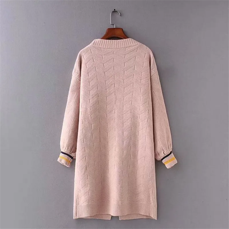

2019 Girl Casual Long Knitted Cardigan Autumn Korean Women Loose Solid Color Pocket Design Lantern sleeve Sweater Jacket W1049