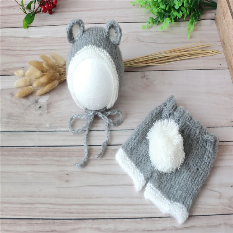 

Knitted Newborn Girl Boy Bear Bonnet Baby pants Photo Prop Baby Romper Crochet Grey Newborn Outfit