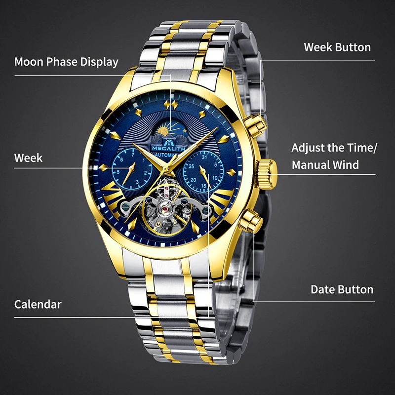 Часы MEGALITH мужские спортивные автоматические механические водонепроницаемые с