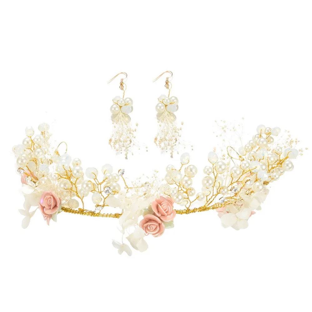 

European Classic Pastoral Style Bridal Hair Jewelry Sets Bohemian Crystal Flower Pearls Headbands Headpiece Tassel Drop Earrings
