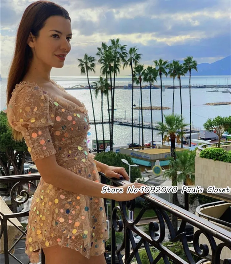 Женское кружевное мини платье Ace с блестками и рукавами фонариками|Женские