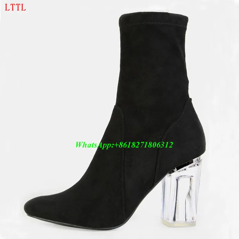 Женские замшевые ботинки на прозрачном каблуке с бантом цвет черный обувь из