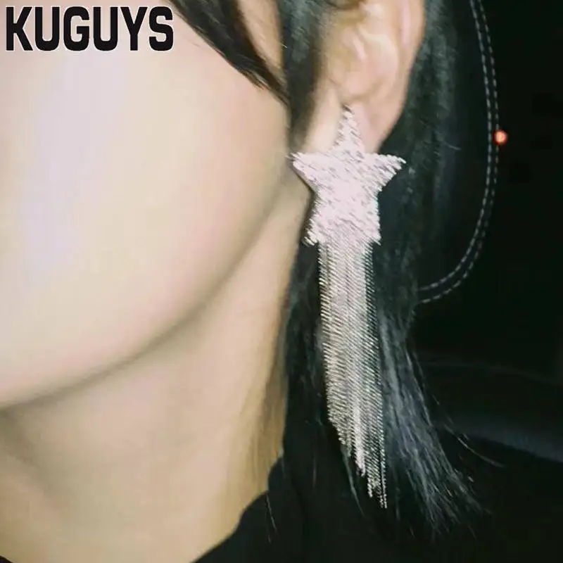 KUGUYS серебряные кристаллические длинные серьги с кисточками для женщин модные ювелирные изделия Гипербола большая звезда клипсы вечерние свадебные аксессуары