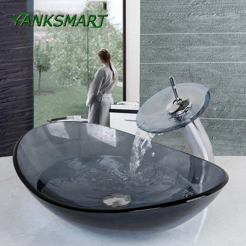 YANKSMART черный круглый смеситель для умывальника тропический стеклянный раковины