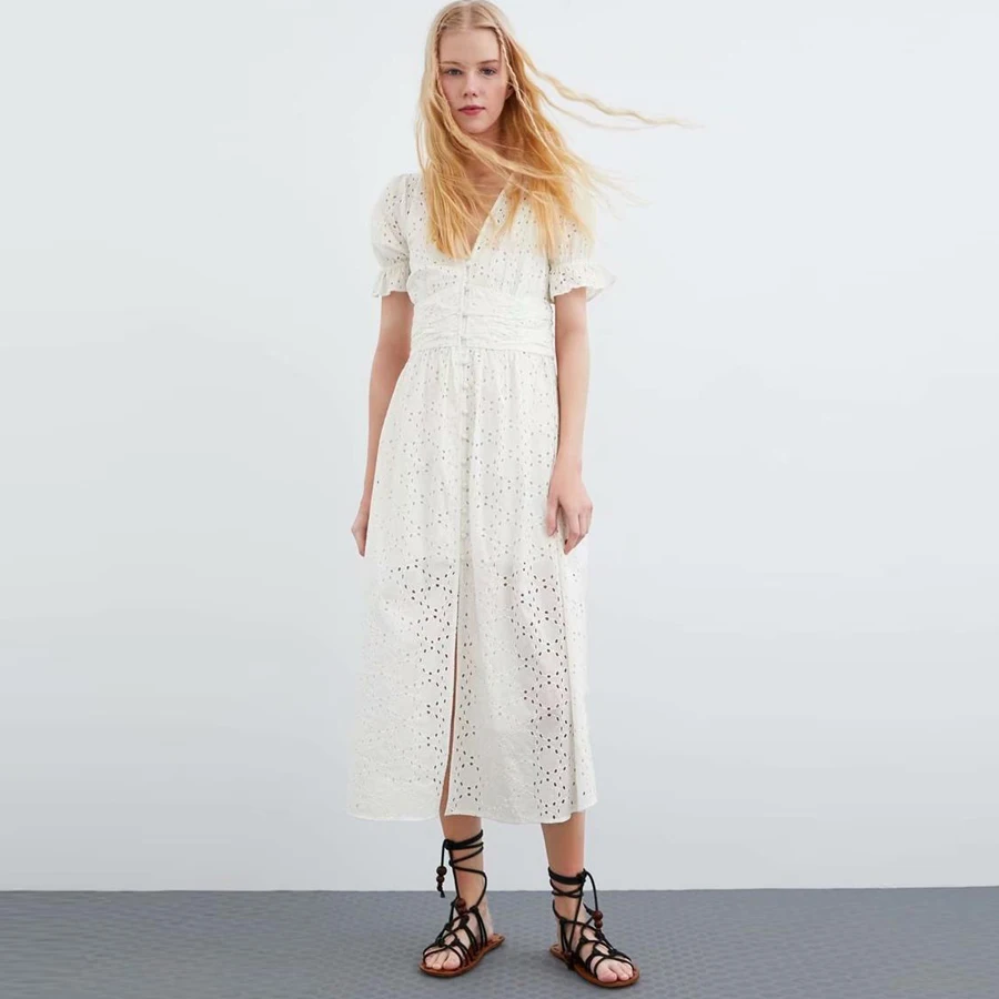 Женское кружевное платье Feccer белое хлопковое с цветочной вышивкой в стиле бохо