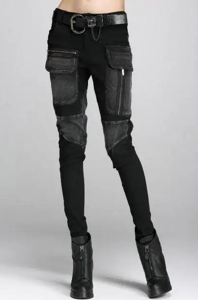 

New street denim big pocket stitching harem pants female Slim thin feet pants Cargo Pants Streetwear Hip Hop Women's Trousers