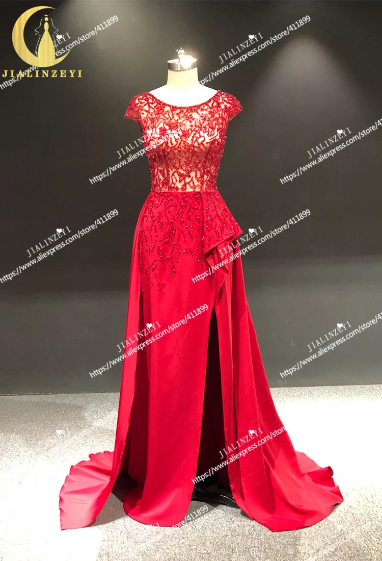 JIALINZEYI Real Sample Picture Red Cap Sleeves Beads Slit Satin Fashion vestidos de novia Dress for Party Evening Dresses