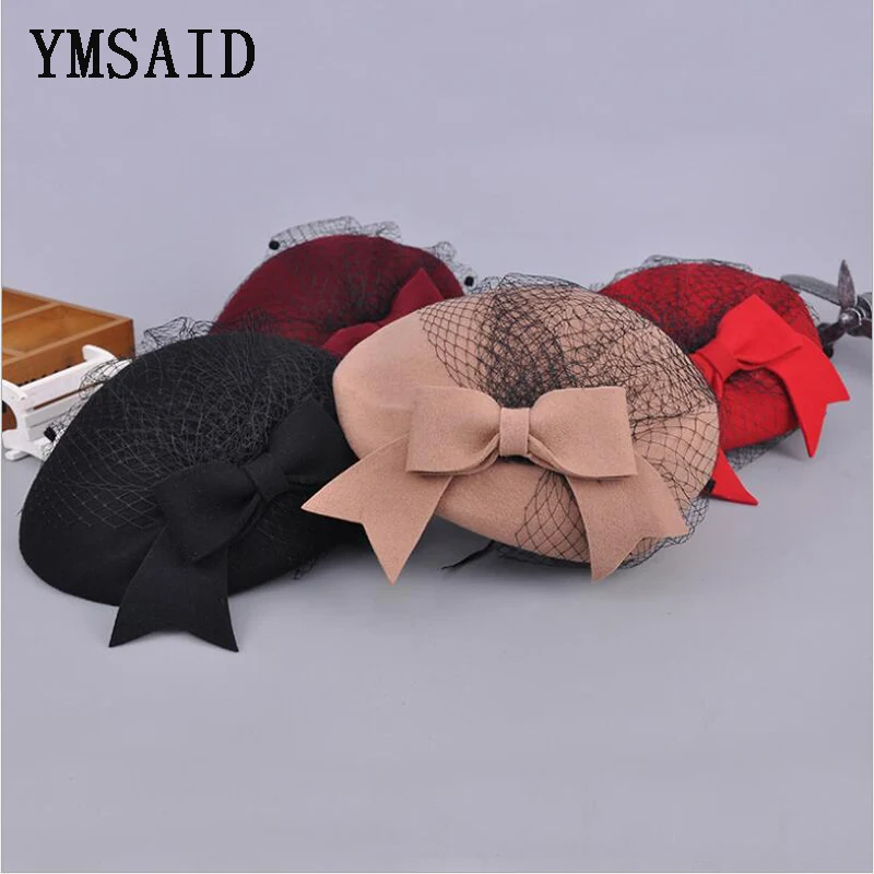 

Ymsaid Australian Hats Bride Elegant 100% Wool Bow Berets Airline Stewardess Caps Women's Fedora Caps Formal Lady Top Hat Chapeu