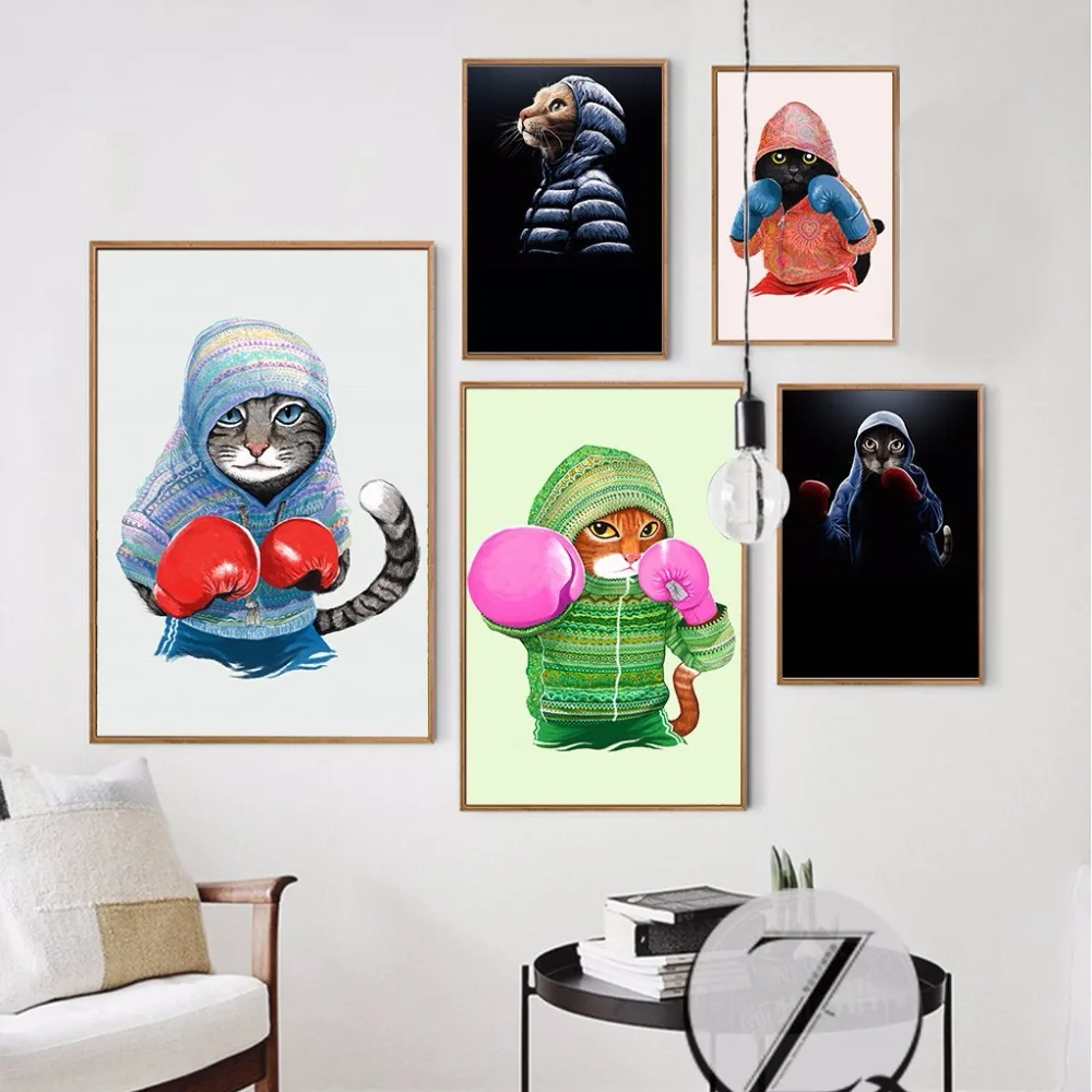 

Nordic Style Kids Decoration Boxing Cat Wall Art Wall Pictures For Children's Living Room Cartoon Photo Wall Home Decoration