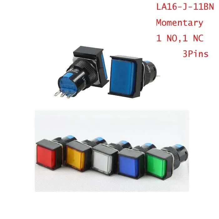1 шт. мгновенный 16 мм без NC прямоугольник кнопочный переключатель DC12V/DC24V/AC220V красный/зеленый/синий /белый/желтый LA16-J-11BN 3 Контакты