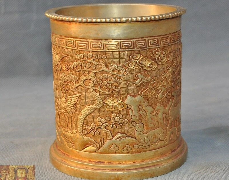 Китайская бронзовая фигурка периода династии 24 К позолоченный кран Птица олень