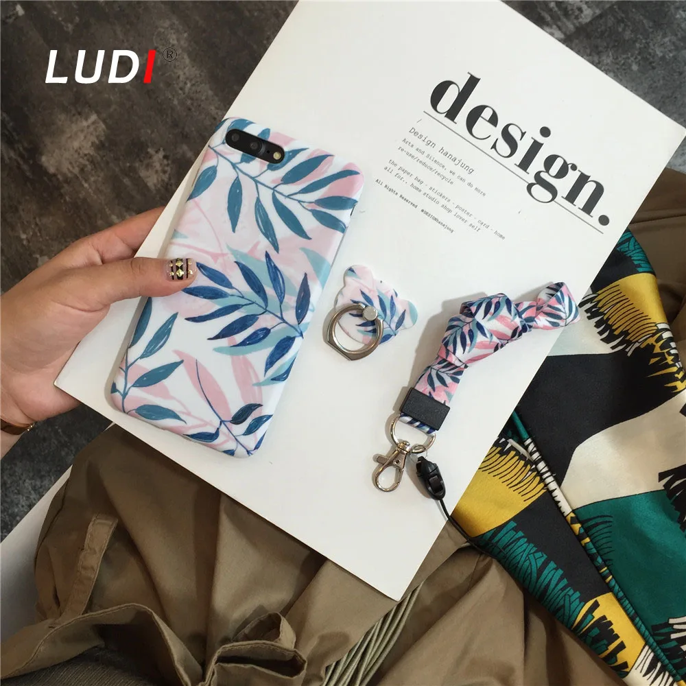 Чехол LUDI с корейскими листиками кольцом-держателем и ремнем для iPhone X 8 7 7plus6 6S Plus