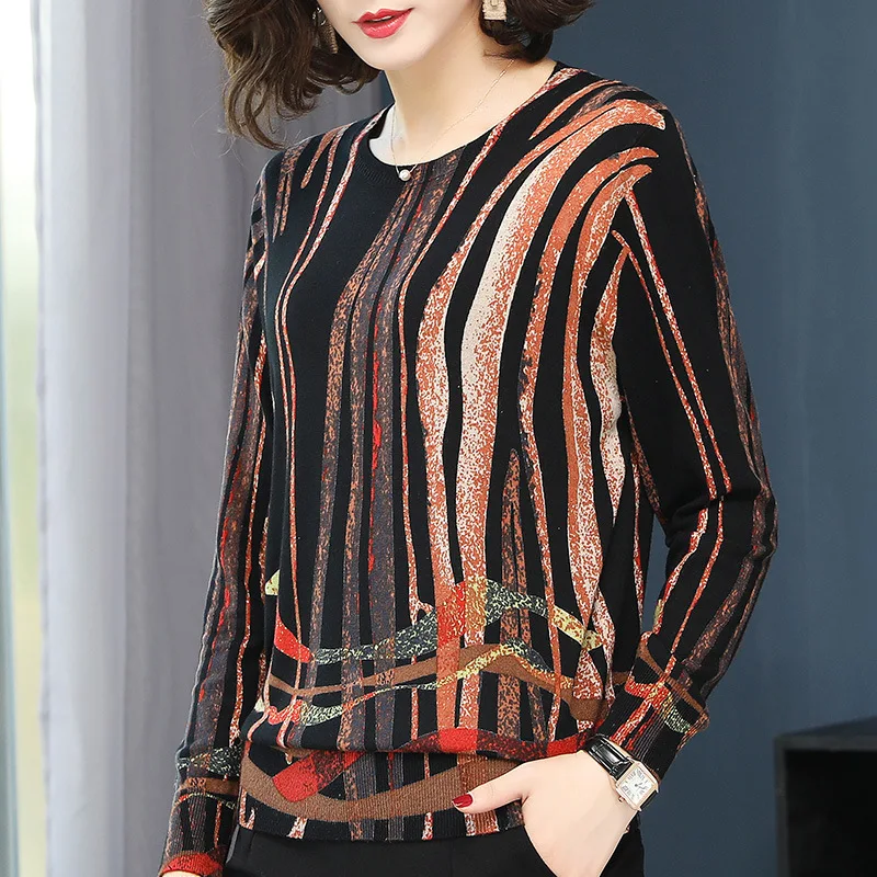 Элегантный свитер женский роскошный брендовый дизайнерский свободный в полоску