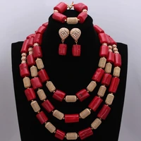 original red coral beads and gold large design earrings necklace jewelry set party bridal dubai jewelry set new arrivals