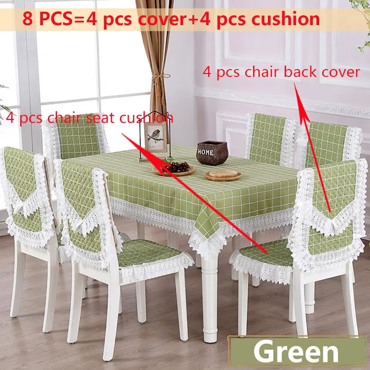 Green 8pcs Клетчатая прямоугольная скатерть в стиле кантри, пасторальная кружевная ткань, художественная столовая скатерть, Набор стульев, наволочки, домашний декор - Цвет: Green 8pcs