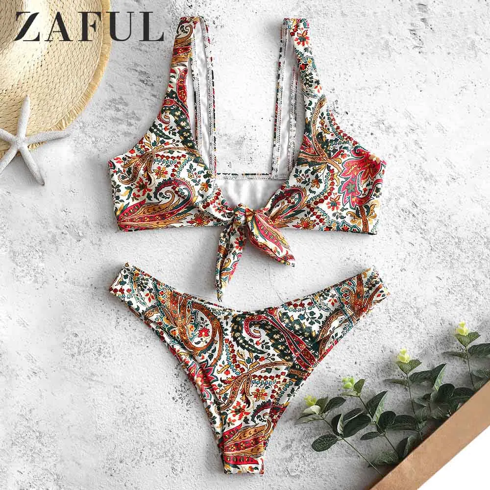 Женский купальник-бикини ZAFUL богемный купальник с цветочным принтом и глубоким