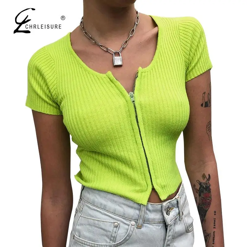 CHRLEISURE Женская мода молния короткий тонкий кардиган сплошной цвет Повседневная