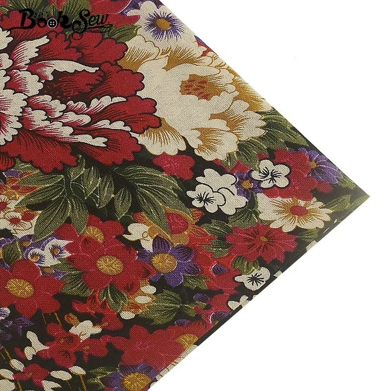 Тканевая ткань Booksew из черного хлопка и льна тканевая с красными цветами для