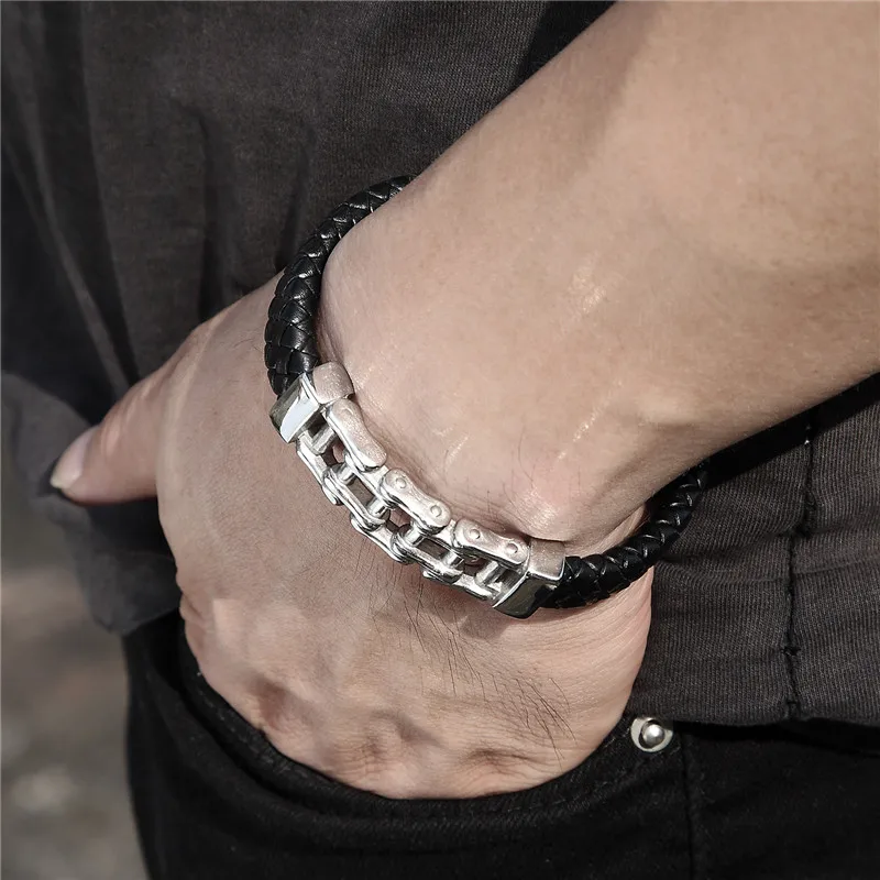 Hip Hop Bike Chain Charm Bracelets For Men Stainless Steel Gold Bicycle Genuine Leather Bracelet homme Rock Jewelry Gifts | Украшения и