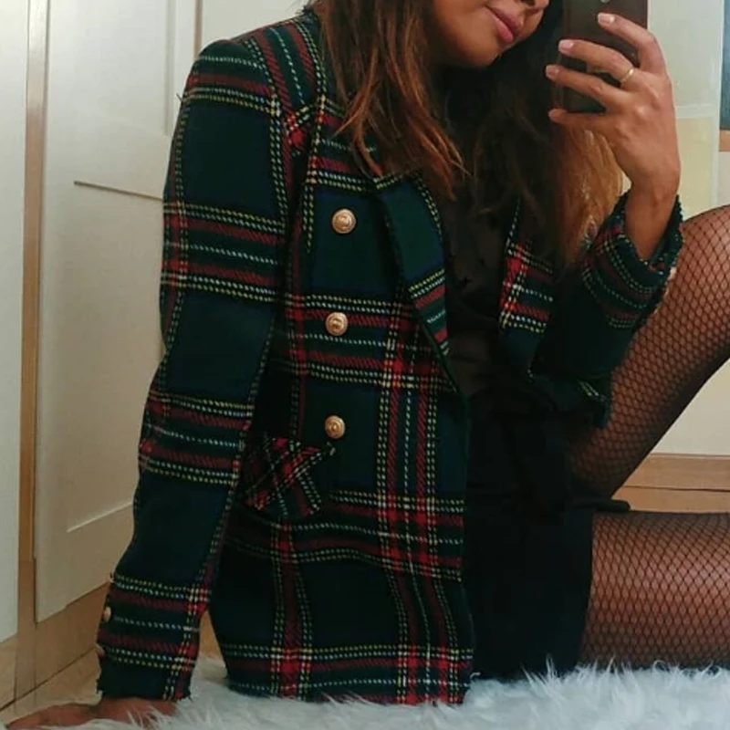 Винтажная клетчатая твидовая куртка пальто с длинным рукавом Veste Femme Modis женская новая весенняя уличная двубортная куртка с карманами